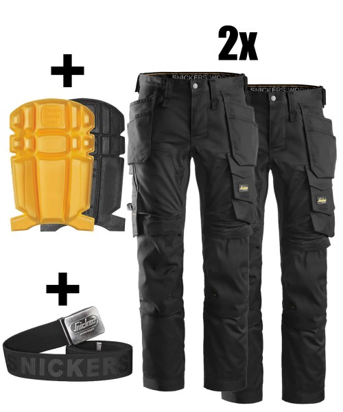 Snickers Handwerkerpack 2x AllroundWork Strech Arbeitshose 6241 + Gratis Kniepolster & Gürtel